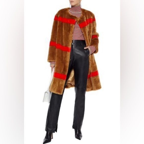 Stand Studio Jackets & Blazers - STAND STUDIO Brown and Red Stripe Faux Fur Coat